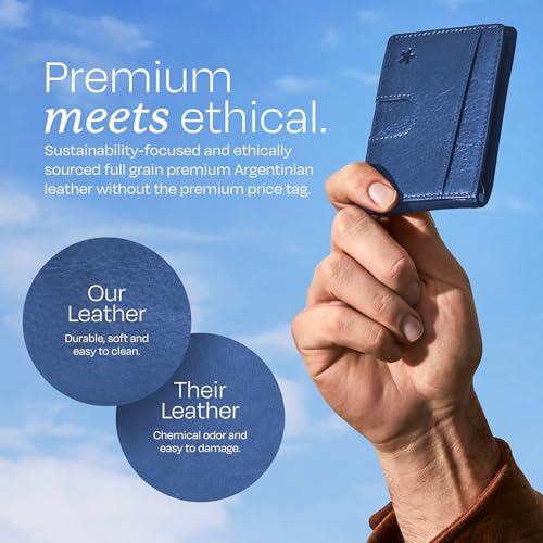 Image of Swear Brands Full Grain Leather Wallet with RFID Blocking & Money Clip - Minimalist Bifold Wallet Holds 12 Cards - Easy Access Pull Tab - Ethically Sourced (Blue)