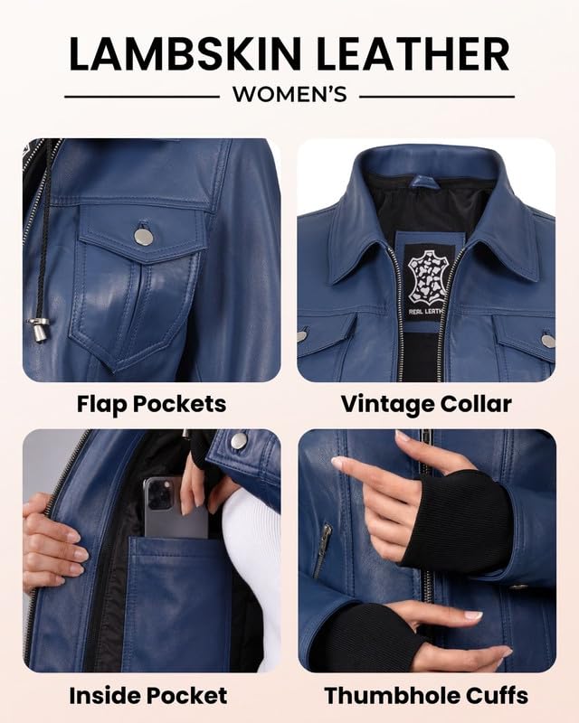 Image of Womens Leather Jacket with Detachable Hood - Real Lambskin Bomber Jacket Thumbholes Women