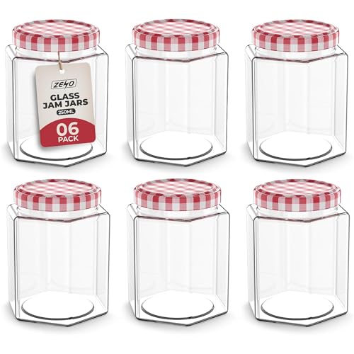 ZENO Glass Jam Jars 250ml | Glass Preserve Pots with Screw Top Red Gingham Lids | Airtight Pickle Jars | Homemade Jam | Marmalade & Chutney Jar | 6 Pack