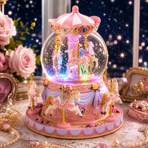 Image of Pink Carousel Snow Globe Music Box with LED Lights, Rotating Horse Merry Go Round, Wind Up Musical Snow Globe Plays Castle in the Sky, Gift for Daughter Granddaughter Women