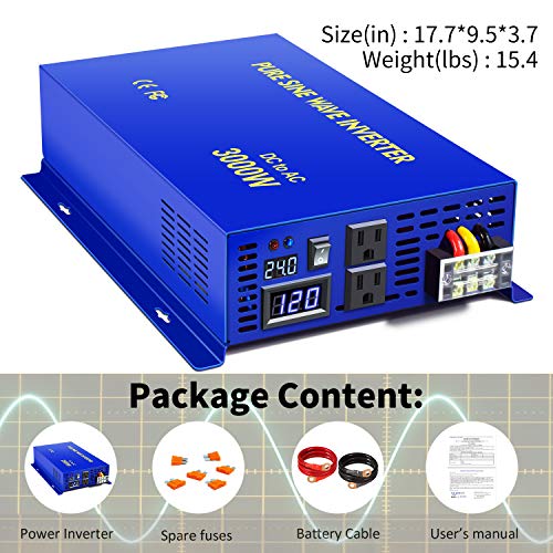 XYZ INVT Pure Sine Wave Power Inverter 3000W / 6000W (Peak) Car Caravan RV Camping Boat DC 24V Inverter Soft Start DC to AC 110V 120V Inverter Converter with LED Display