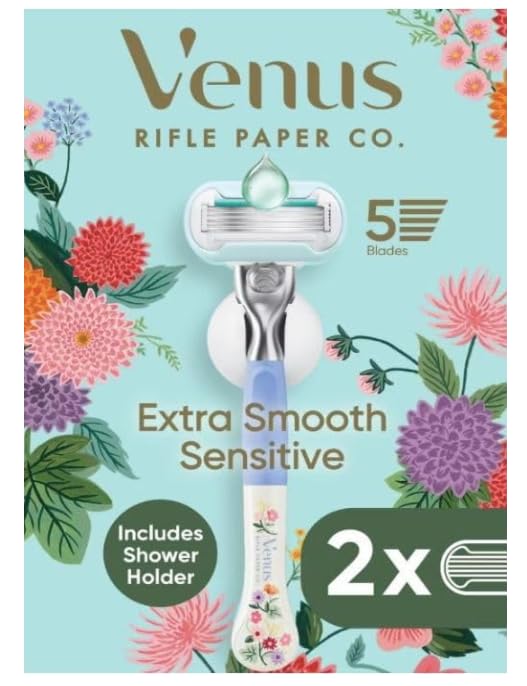 Venus + Rifle Papers Co Extra Smooth Sensitive 5-Blade Women's Razor with 2 Razor Blade Refills and Shower Holder