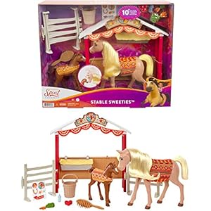 Dreamworks Spirit GXF53, Spirit Untamed Stable Sweeties Speelset met 2 paarden (20 cm en 13 cm), paddock en accessoires om paarden te voeren, geweldig cadeau voor kinderen van 3 jaar en ouder
