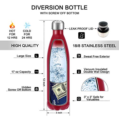 Diversion Safe Water Bottle With Compartment Container - Box For Money Cash Keychain Car Key - Can For Valuables - Stainless Steel Insulated Leak Proof - Red #TOP1