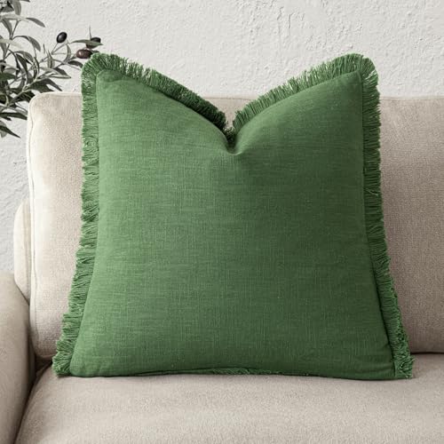 Image of Foindtower Decorative Linen Fringe Throw Pillow Covers Cozy Boho Farmhouse Cushion Cover with Tassels Soft Accent Pillowcase for Chair Sofa Bed Living Room Home Decor, 18x18 Inch,1PC,Forest Green