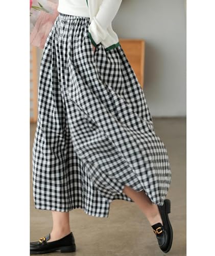 SOMTHRON Women's Summer Cotton Linen Wide Leg Culottes Pants Elastic Waist Plaid Gingham Capri Palazzo Pants2