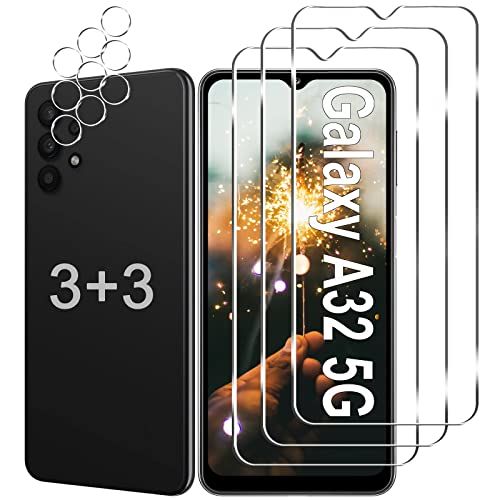 [3+3 Pack] Galaxy A32 5G Screen Protector + Camera Lens Protector 9H Hardness Tempered Glass Scratch Resistant HD Clear Easy Installation Bubble Free Screen Protector for Samsung Galaxy A32 5G