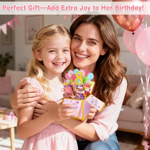 Hierein 8th Birthday Card, Pink Pop Up 8th Birthday Cards for Girl, 3D Sweet Happy Birthday Card, Popup Gift Box Greeting Cards for 8 Year Old Daughter Granddaughter Sister Niece Gift Decoration - Image 4