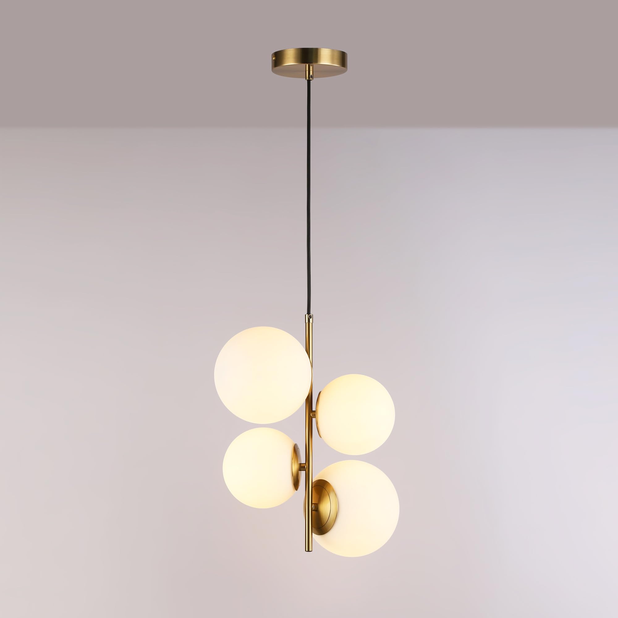 BARCELONA LED Lampadario a Sospensione con 4 Sfere in Vetro Opalino Bianco, Corpo in Metallo Oro/Rame, Moderno e Retrò, Ideale per Camera, Ufficio, Scale, Sala da Pranzo, Caffè, Ingresso