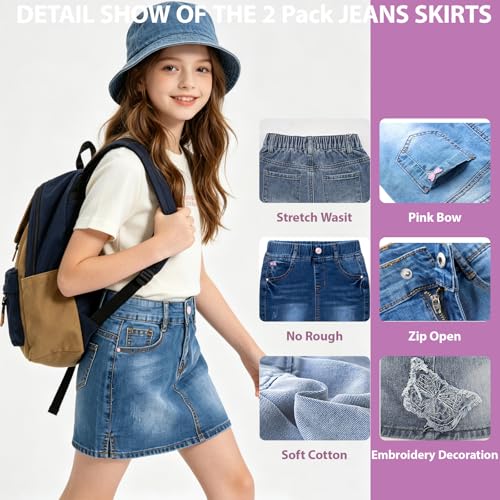 Image of ABALACOCO Jean Skirt for Girls 2Pack Denim Mini Skirt Shorts A-Line Kids Dress,Stretchy Waist Cotton Soft Button Wear 3-14T