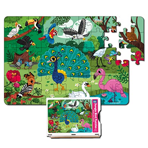 Image of Mini Leaves 60 Piece Wooden Jigsaw Puzzle for Kids 4 to 6 Years - Jungle Birds Jigsaw Puzzle - Safe & Durable Educational Toys