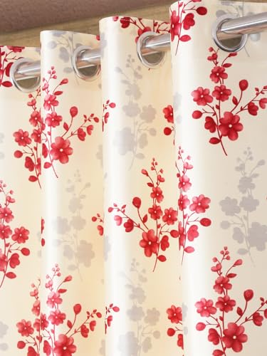 Image of Home Sizzler 2 Pieces Elegant Floral Printed Top with Solid Red Bottom Eyelet Polyester Curtains - 5 Feet Long, Maroon