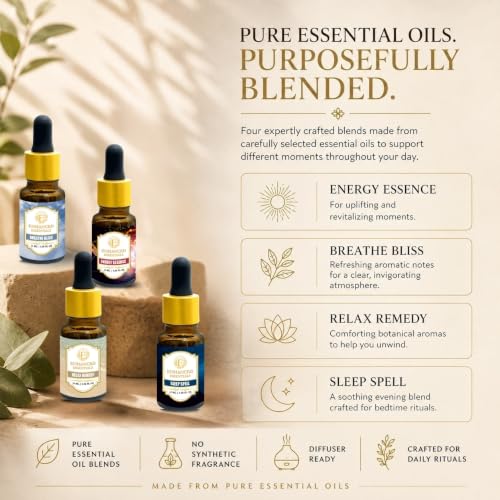 Image of Blend Box | 4 x 10 ml Pure Essential Oil Blend Gift Set | Breathe Bliss, Energy Essence, Relax Remedy & Sleep Spell | For Diffusers, Skincare, Massage, Candles & Soap Making