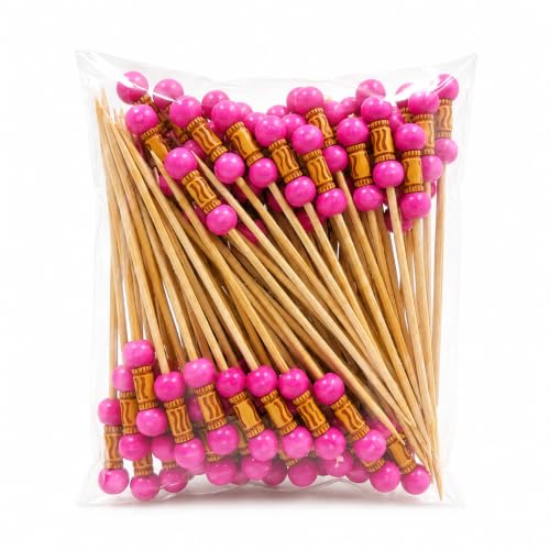 Image of Somani Decorative Bamboo Cocktail Picks Pink Bead | Double Ball Topper Fancy Food Picks for Appetizers, Drinks & Garnish | Cafe, Lounge, Bakery, Catering & Home Entertaining | Pack of 100