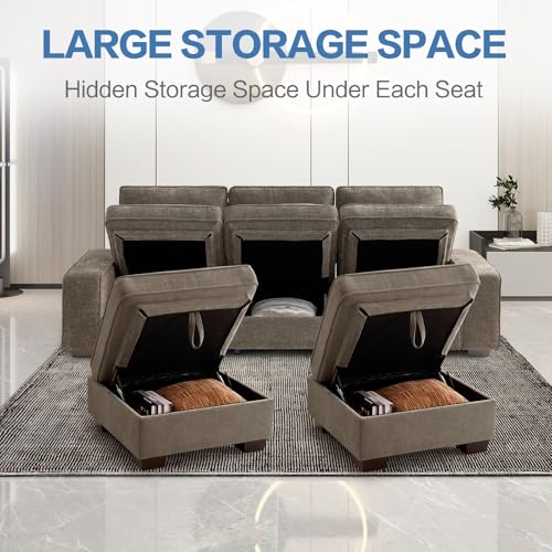 Image of TEKAMON 100 inch Modular Sectional Sofa with Seats Storage, L Shaped Couch with Movable Ottoman for Living Room, Couch with Chaise, Solid Wood Frame, Spring Cushions, USB Port, Removable Covers, Brown