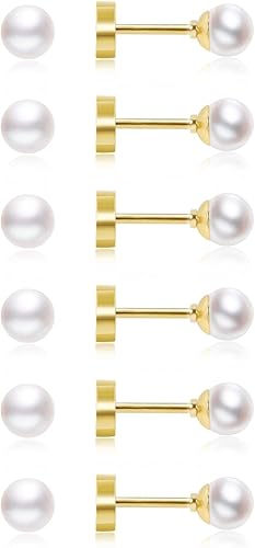 Delicados aretes de perlas de espalda plana para mujer, 6 pares de aretes de perlas con parte trasera plana en oro de 14 quilates, plata de 3 a