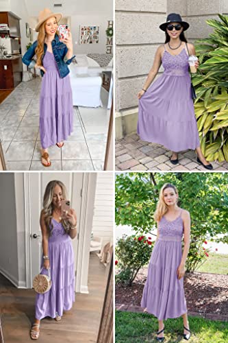 Image of Dokuritu Women's Beach Crochet Lace Maxi Dress Solid Color Summer Vacation Wedding Guest Spaghetti Strap Long Dress