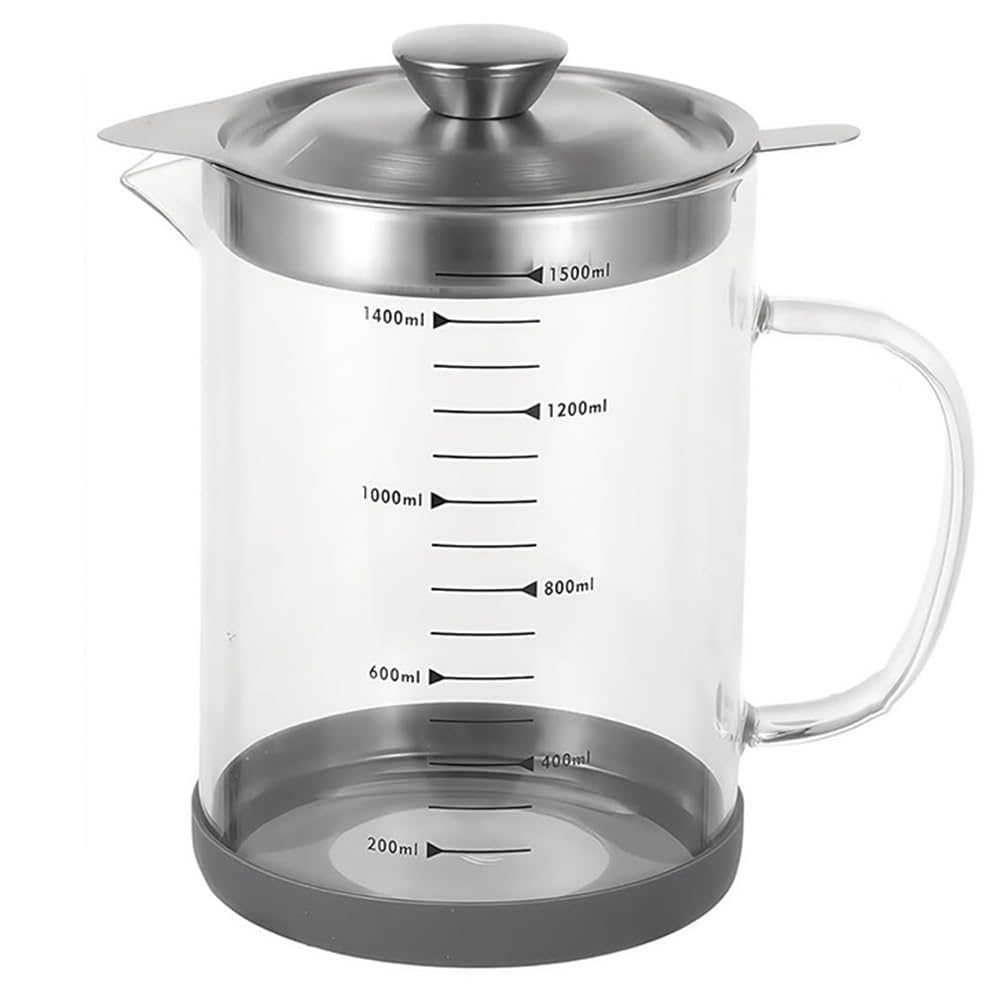IJSDNVJNDX Premium 1.5L Grease Container for Bacon with Integrated Strainer-Stainless Steel Filter, Borosilicate Glass, Non-Slip Base