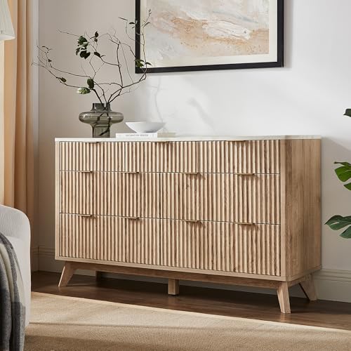 Image of T4TREAM Fluted 7 Drawers Dresser, 54" Wide Modern Chest of Drawers with Faux Marble Top, Curved Profile Design, Dresser TV Stand, Wood Drawer Organizer for Bedroom, Living Room, Hallway, Natural Oak