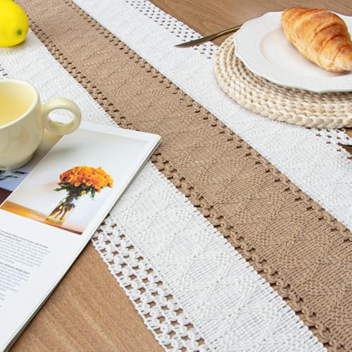 Image of FEXIA Boho Table Runner for Home Coffee Decor 90 Inches Long Farmhouse Rustic Table Runner Macrame Burlap Centerpieces for Tables Decoration for Kitchen Bedroom Decor Bridal Shower (12x90 Inches)