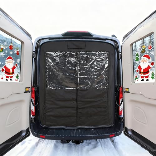 Vanhoxcci Insulated Rear Door Van Chill Curtain Fit for Ford Transit 2015-2025 Medium Roof, Thermal Blackout Privacy, Waterproof Canvas with PVC Window, Auto-Close Magnets, Vanlife