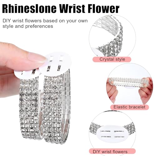 12 Pack Corsage Bracelet Wrist Corsage Rhinestone Elastic Wrist Rhinestone Bracelet DIY Accessories for Wedding Decor Prom Ceremony Anniversary Bridal Shower(Silver)4