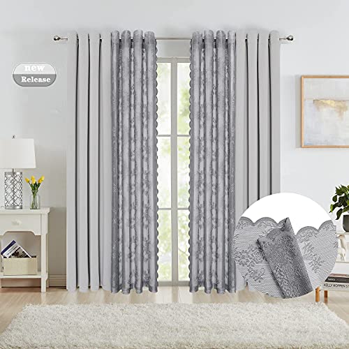 4 Pieces Grey Blackout Curtains & Elegant Rose Floral Lace Sheer Curtains For Bedroom Farmhouse Mix And Match Double Layer Or Single Layer Gray Room Darkening Grommet Window Drapes, 52"W X 84"L X 4 #TOP3