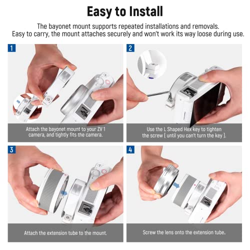 Image of NEEWER Wide Angle Lens Compatible with Sony ZV1 Camera, 2 in 1 18mm HD Wide Angle & 10x Macro Additional Lens with Extension Tube, Bayonet Mount Lens Adapter, Cleaning Cloth (White Frame)