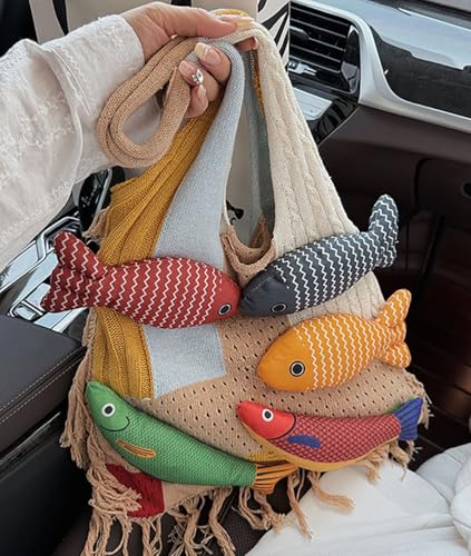 Women's Boho Fish Silhouette Knit Shoulder Bag Fringe Detail Underarm Purse Fashion Shoulder Purse2