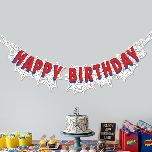 Cheerland Spider Theme Birthday Banner Pre-strung Superhero Party Decorations Spider Web Hero Birthday Party Comic Themed Spider Backdrop Garland Decor for Boys Kids Super Hero Bday Supplies Decor