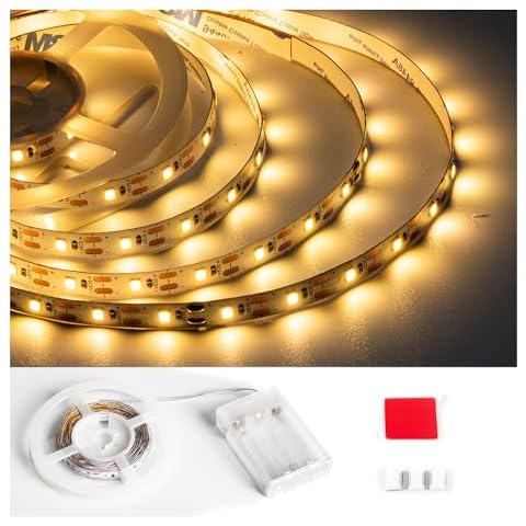Battery Powered LED Strip Lights,6.6FT 120 LED Battery Operated LED Strip Lights for Shelves and Under Cabinet Indoor Use,Flexible LED Strip Lights Warm White,Non-Waterproof Cover