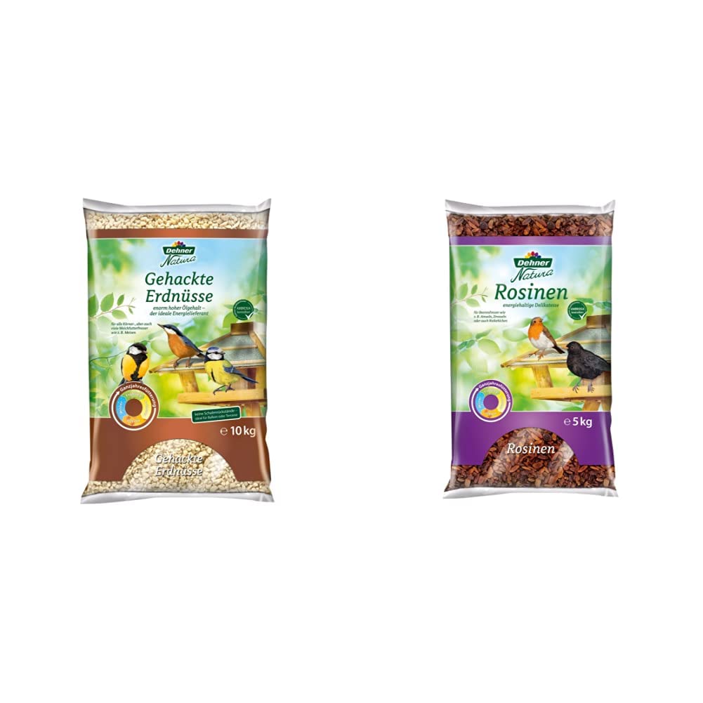 Dehner Natura Wildvogelfutter, gehackte Erdnüsse, 10 kg & Natura Wildvogelfutter, Rosinen, 5 kg