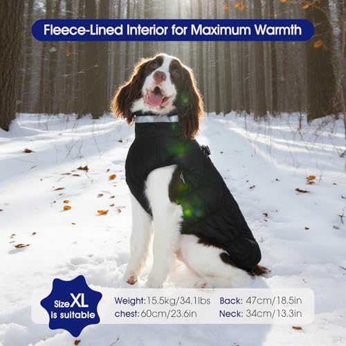 Image of Dog Winter Coat Fleece Warm Large Dog Coat with Harness Built in | Dogs Cold Weather Fleece Coats Zip up Reflective Dog Winter Vest Windproof Water Resistant Snow Coats Solid Black L