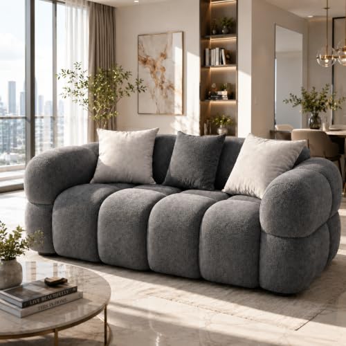 Image of FURNY Luxury Nimbus 2 Seater Bubble Cloud Sofa Set for Living Room | Boston Fabric Upholstered | Modern Cushioned Comfortable Couch for Home Office & Drawing Room | Ash Grey