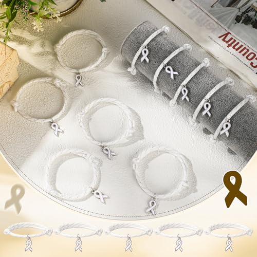 Tondiamo 30 Pcs Lung Cancer Awareness Bracelets Bulk with White Ribbon Alloy Pendant Adjustable Bracelets for Women's Rights Movement Bone Cancer Adoption Charity Recognition Public Events3