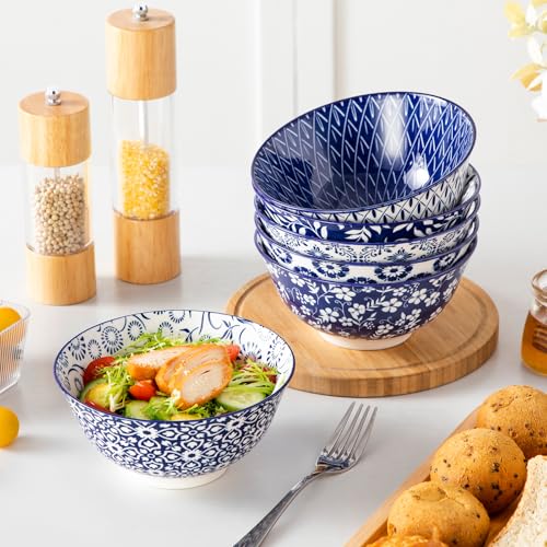 vancasso Müslischalen 6-teiliges Set aus Porzellan (6x 720ml) – Keramikschalen mit Vintage-Design blau-weiß, Schüsseln für Müsli, Salat, Suppe, Ramen, Obst oder Dessert, Serie SELENE