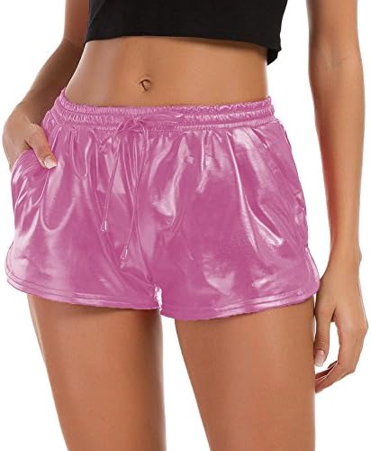 Tandisk Women's Yoga Hot Shorts, Shiny Metallic Pants with Elastic Drawstring
