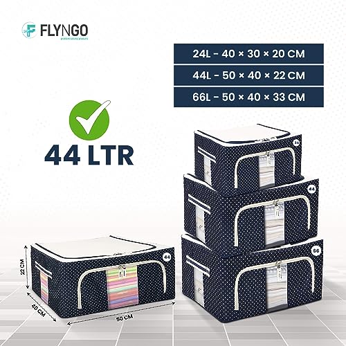 Image of FLYNGO Foldable Steel Frame Clothes Organizer Storage Box For Wardrobe, Saree, Shirts, And Blankets (44 Ltr - Pack Of 4, Oxford Fabric), Blue