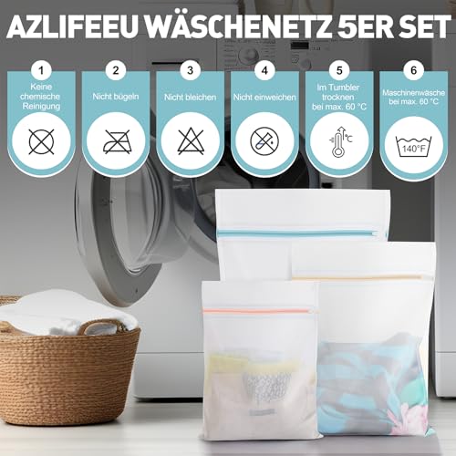 AZLIFEEU Wäschenetz für Waschmaschine, 5er Set Wäschesack mit Reißverschluss – 3 Größen Wäschebeutel | Schützt BH, Unterwäsche, Socken, Sportkleidung & Empfindliche Wäsche