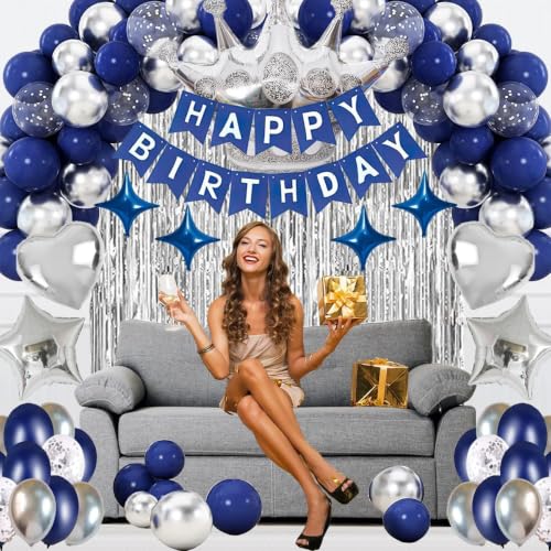 Navy Blue Birthday Party Decorations Set – 92Pcs Set with Banner, Star Garland, Crown, Heart & Star Foil Balloons, Fringe Curtain, Cake Topper, Tablecloth, Latex & Confetti Balloons for Men & Women - image 8