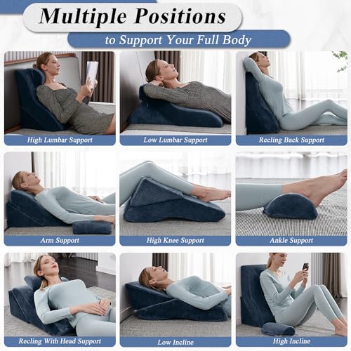 Axelrod Bed Wedge Pillow Set Foam | Adjustable Pillows for Back, Leg and Knee Pain Relief | Post Surgery Ortho Pillow – Anti Snoring, Heartburn, Acid Reflux & GRED Indigo