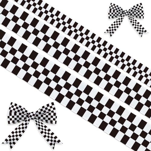 3 Rolls Black White Checkered Ribbon for Racing Car Party DIY Wreaths Grosgrain Sport Ribbon for Gift Wrapping, Race Track Bows, Crafts, Racing Birthday Party Home Decoration Supplies 15 Yards