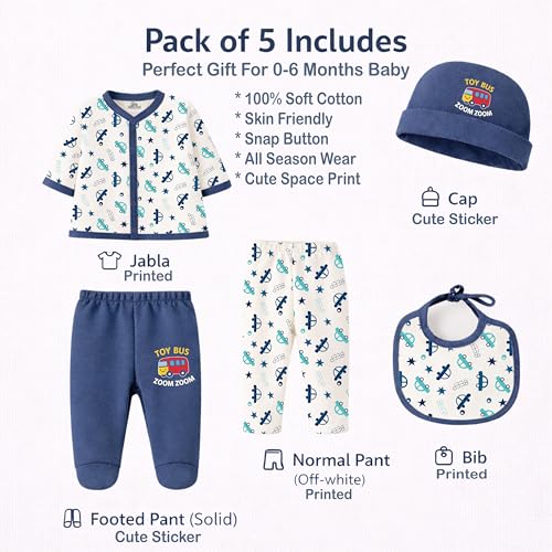 Image of Kidbee Baby Clothing Gift Set for Boys & Girls, 5 Piece Newborn Clothing Combo with Front Open Top, Pajama, Printed Pant, Cap & Bib, Soft Cotton, 0-6 Months Baby