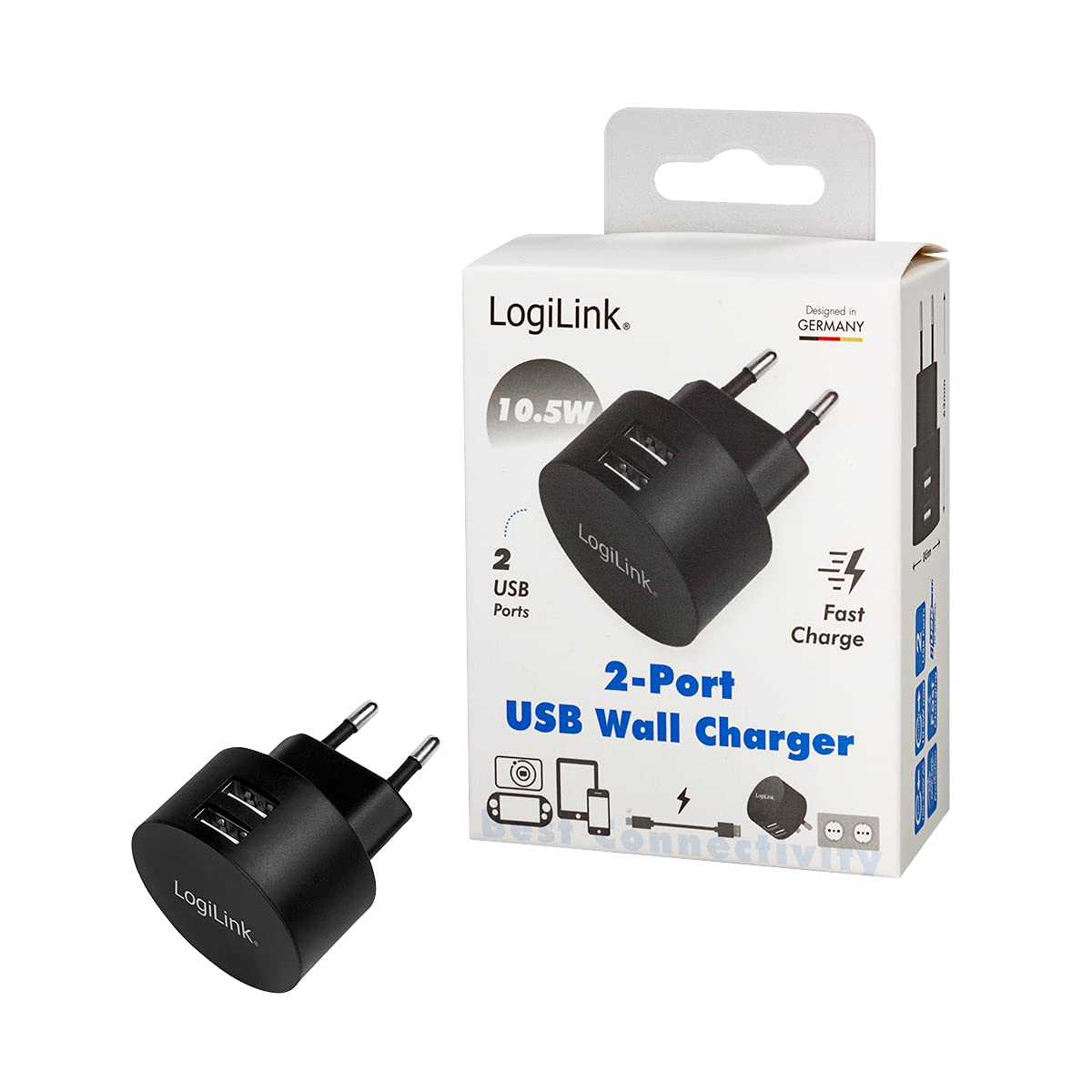 LogiLink PA0218 Fast Charging – adapter USB (2 x USB-A, 10,5 W) do smartfonów/tabletów/odtwarzaczy MP3-MP4 / e-booków/nawigacji itp. z zabezpieczeniem przed przeładowaniem, głębokim rozładowaniem,
