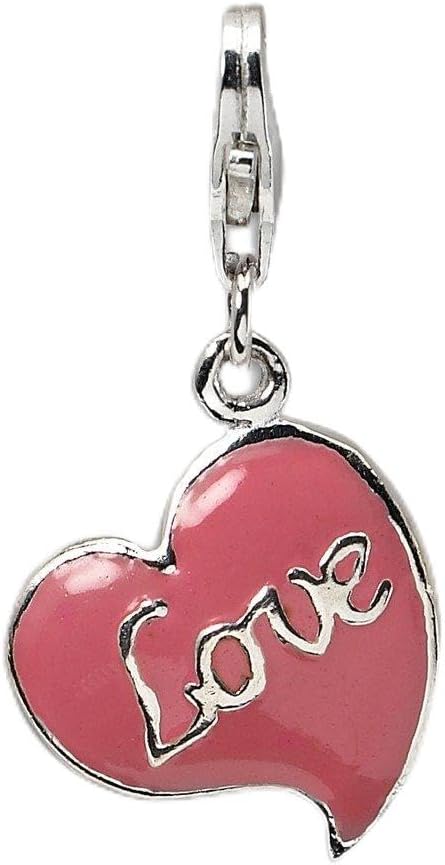 Sterling Silver 3-D Pink Enameled Heart w/Lobster Clasp Charm