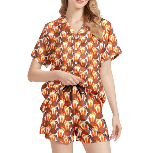 Image of Funny Pajamas for Women Set Print Satin Loungewear Pjs Short Sleeve Button Down Top and Shorts Sets Sleepwear XS-3XL