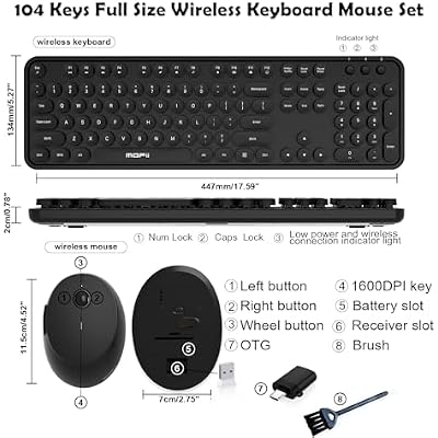 Wireless Keyboard and Mouse Combo, MOFII 104 Keys Full-Size Retro Round Keys Typewriter Keyboards Ergonomic Keyboards and Mouse Wireless for Windows, PC, Laptop, Desktop Black