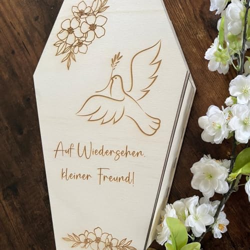 NoriKids Tiersarg aus Holz - Sarg für Haustiere – passend für Hamster, Mäuse o. Vögel – Motiv Taube o. personalisiert mit Name, Botschaft & Motiv – Holzkiste mit Deckel – 34 x 21 x 11 cm
