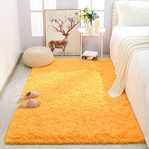 Image of Handmade 2 Inch Pile Height Super Soft Touch Export Quality Plain Shag Rectangular Carpets For Home Size 9 X 12 Feet Color Yellow