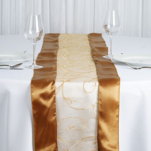 BalsaCircle 14 x 108-Inch Gold Satin Edges and Embroidered Organza Table Top Runner - Wedding Party Reception Linens Decorations